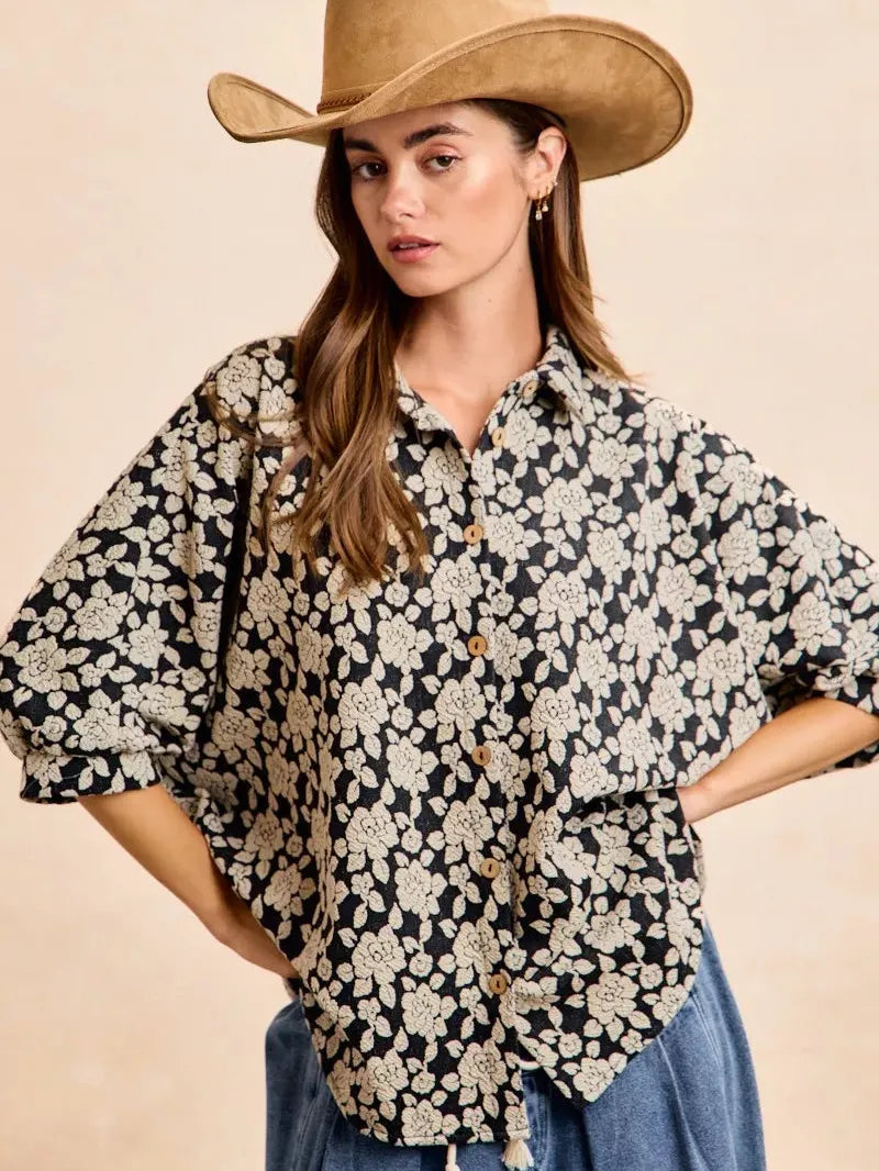 BiBi Floral Jacquard Short Dolman Sleeves Shirt-Women's Shirts & Tops-Shop Z & Joxa
