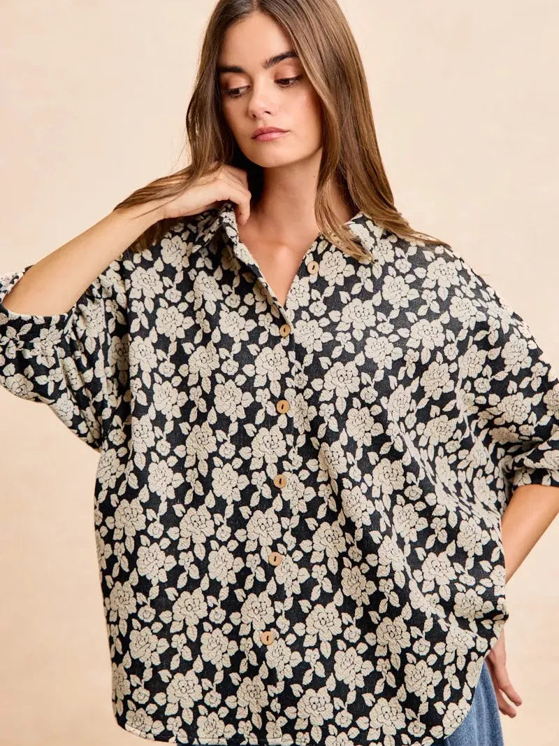 BiBi Floral Jacquard Short Dolman Sleeves Shirt-Women's Shirts & Tops-Shop Z & Joxa