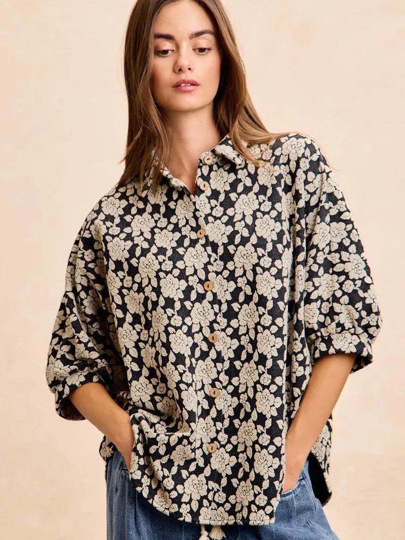 BiBi Floral Jacquard Short Dolman Sleeves Shirt-Women's Shirts & Tops-Shop Z & Joxa
