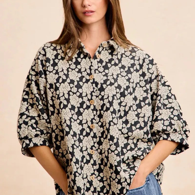 BiBi Floral Jacquard Short Dolman Sleeves Shirt-Women's Shirts & Tops-Shop Z & Joxa