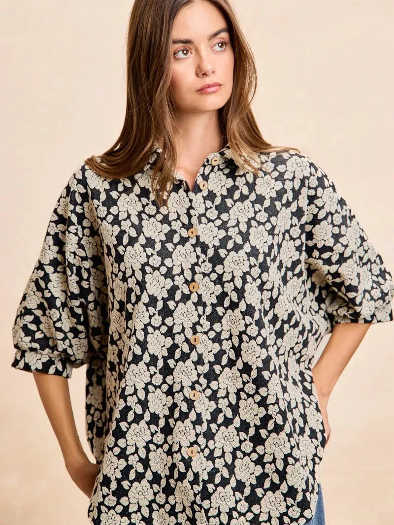 BiBi Floral Jacquard Short Dolman Sleeves Shirt-Women's Shirts & Tops-Shop Z & Joxa