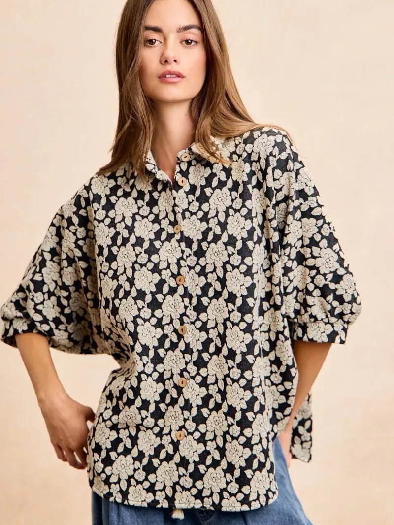 BiBi Floral Jacquard Short Dolman Sleeves Shirt-Women's Shirts & Tops-Shop Z & Joxa