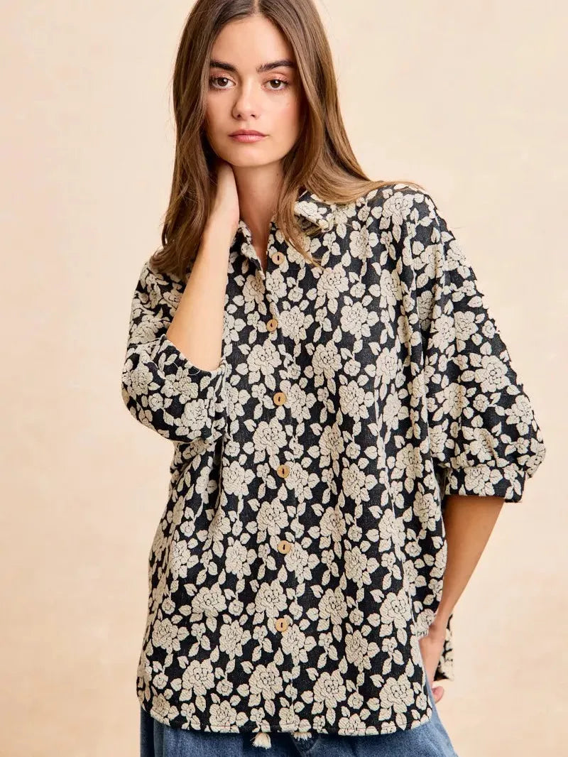 BiBi Floral Jacquard Short Dolman Sleeves Shirt-Women's Shirts & Tops-Shop Z & Joxa
