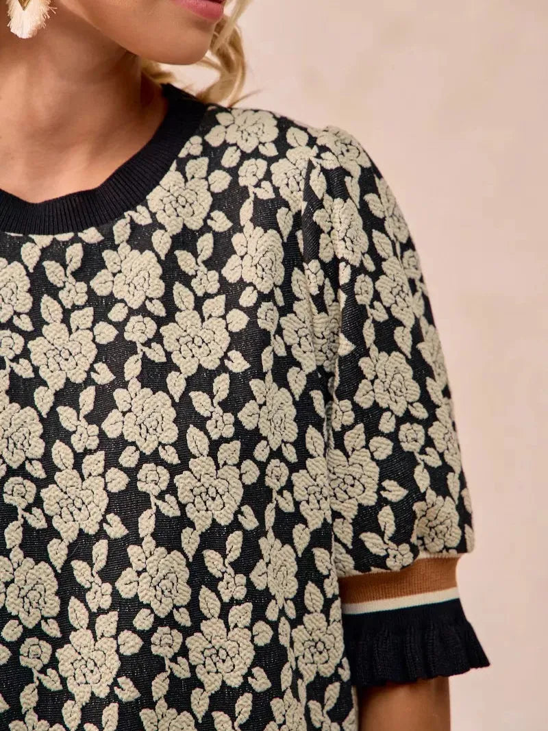 BiBi Floral Statement Rose Knit Top with Banded Puff Sleeve-Women's Shirts & Tops-Shop Z & Joxa