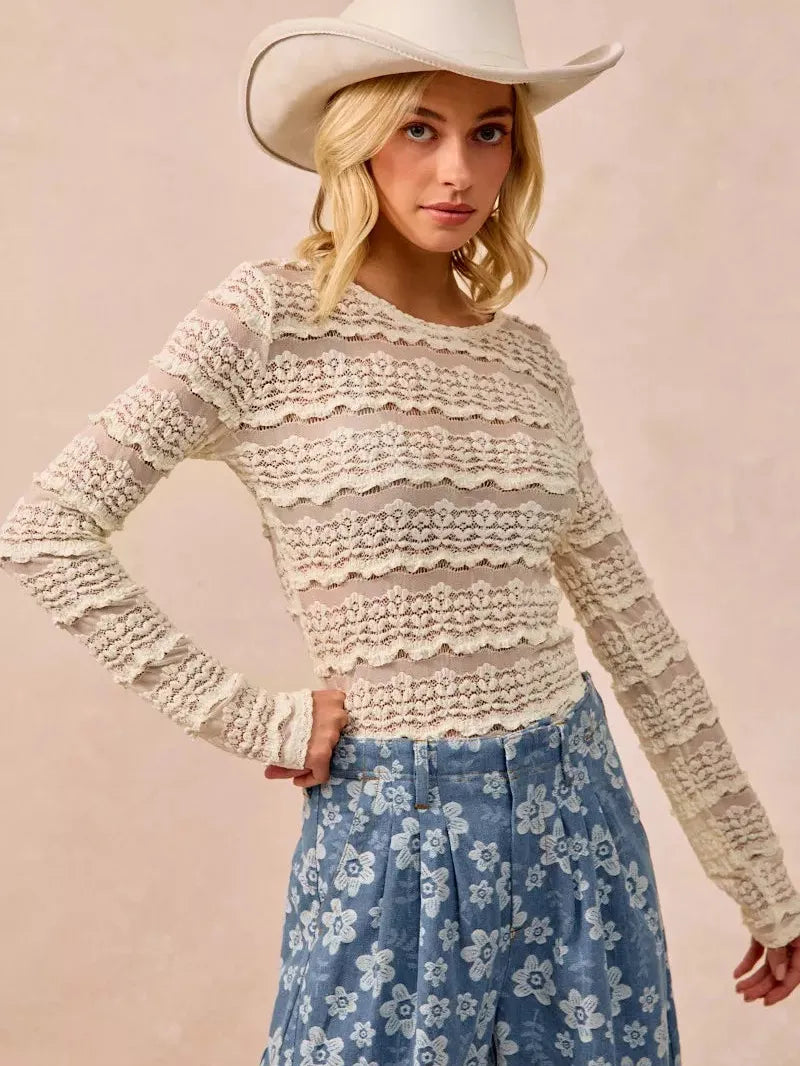 BiBi Golden Hour Ruffles Detail Flower Lace Long Sleeve Top-Women's Shirts & Tops-Shop Z & Joxa