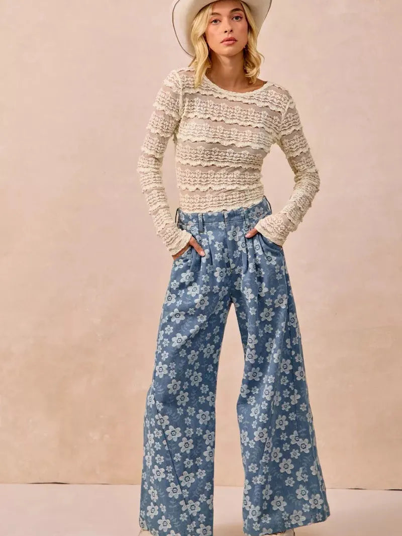 BiBi Golden Hour Ruffles Detail Flower Lace Long Sleeve Top-Women's Shirts & Tops-Shop Z & Joxa