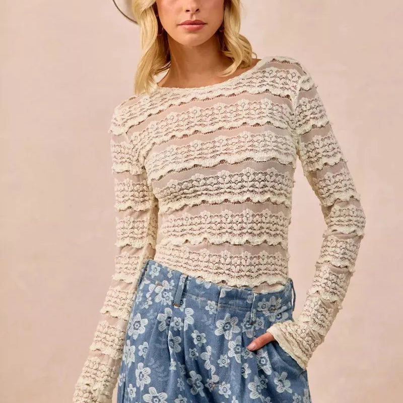 BiBi Golden Hour Ruffles Detail Flower Lace Long Sleeve Top-Women's Shirts & Tops-Shop Z & Joxa
