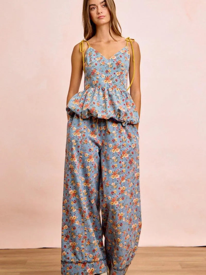 BiBi Indigo Florals Printed Drawstring Wide Denim Pants-Women's Jeans-Shop Z & Joxa