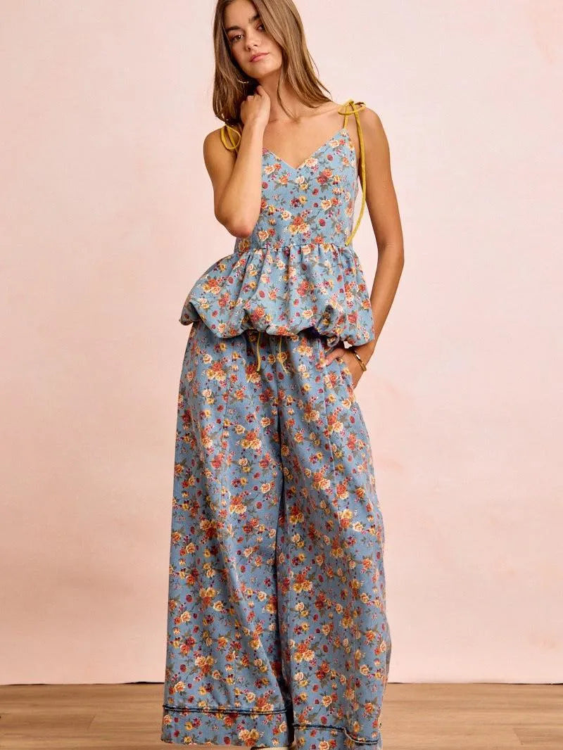 BiBi Indigo Florals Printed Drawstring Wide Denim Pants-Women's Jeans-Shop Z & Joxa