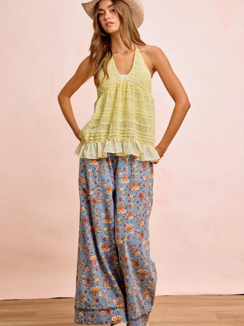 BiBi Indigo Florals Printed Drawstring Wide Denim Pants-Women's Jeans-Shop Z & Joxa