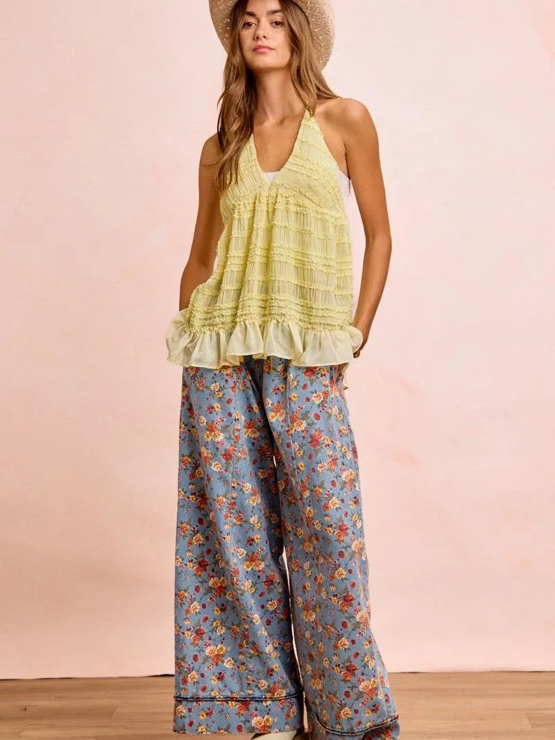 BiBi Indigo Florals Printed Drawstring Wide Denim Pants-Women's Jeans-Shop Z & Joxa