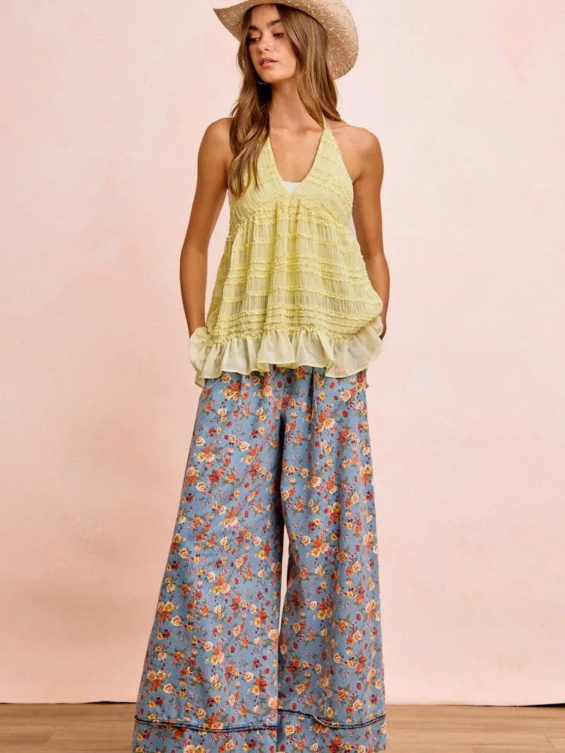 BiBi Indigo Florals Printed Drawstring Wide Denim Pants-Women's Jeans-Shop Z & Joxa