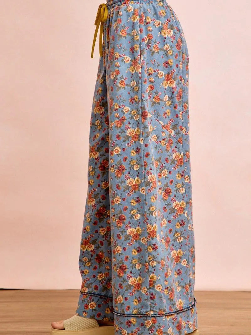 BiBi Indigo Florals Printed Drawstring Wide Denim Pants-Women's Jeans-Shop Z & Joxa