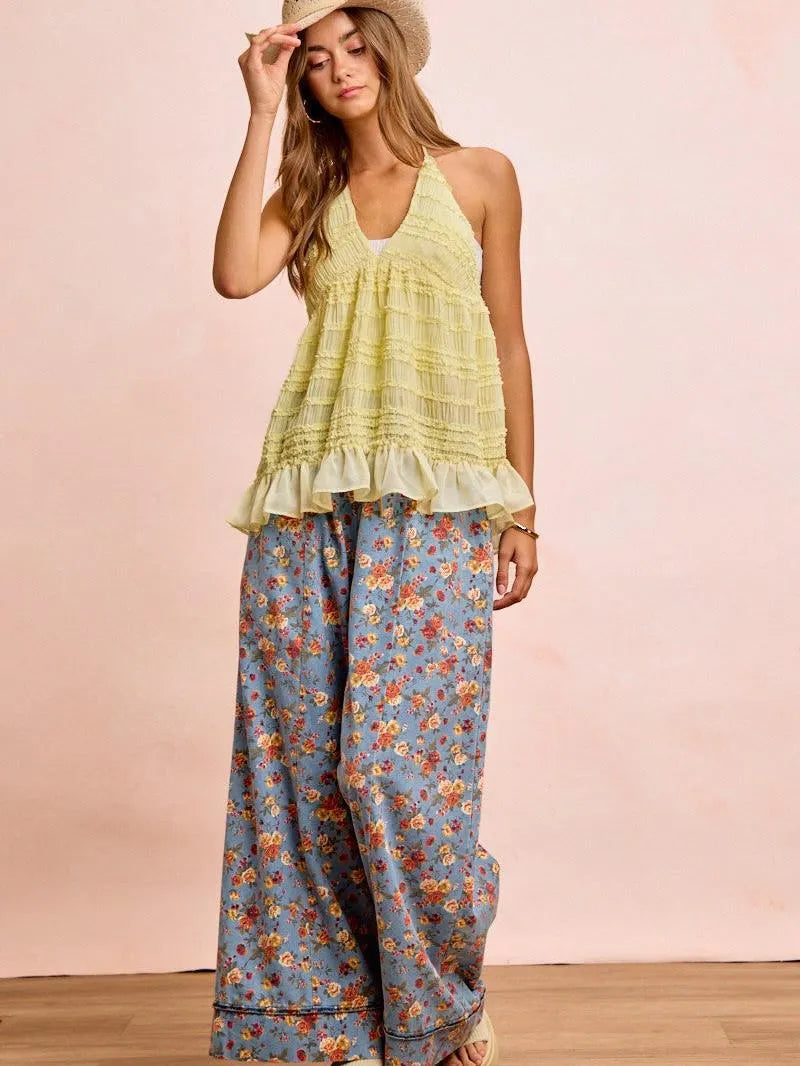 BiBi Indigo Florals Printed Drawstring Wide Denim Pants-Women's Jeans-Shop Z & Joxa