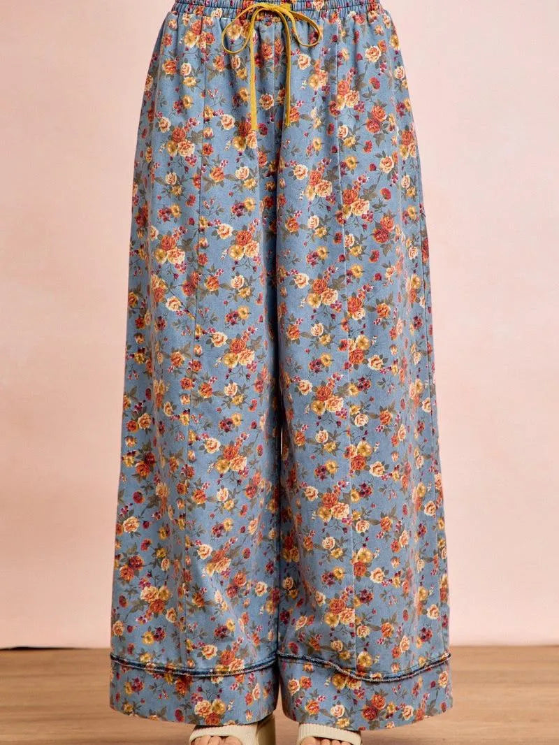 BiBi Indigo Florals Printed Drawstring Wide Denim Pants-Women's Jeans-Shop Z & Joxa