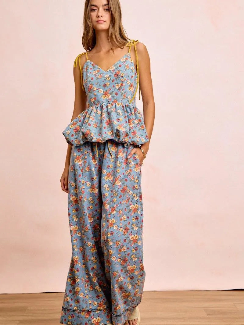 BiBi Indigo Florals Printed Drawstring Wide Denim Pants-Women's Jeans-Shop Z & Joxa