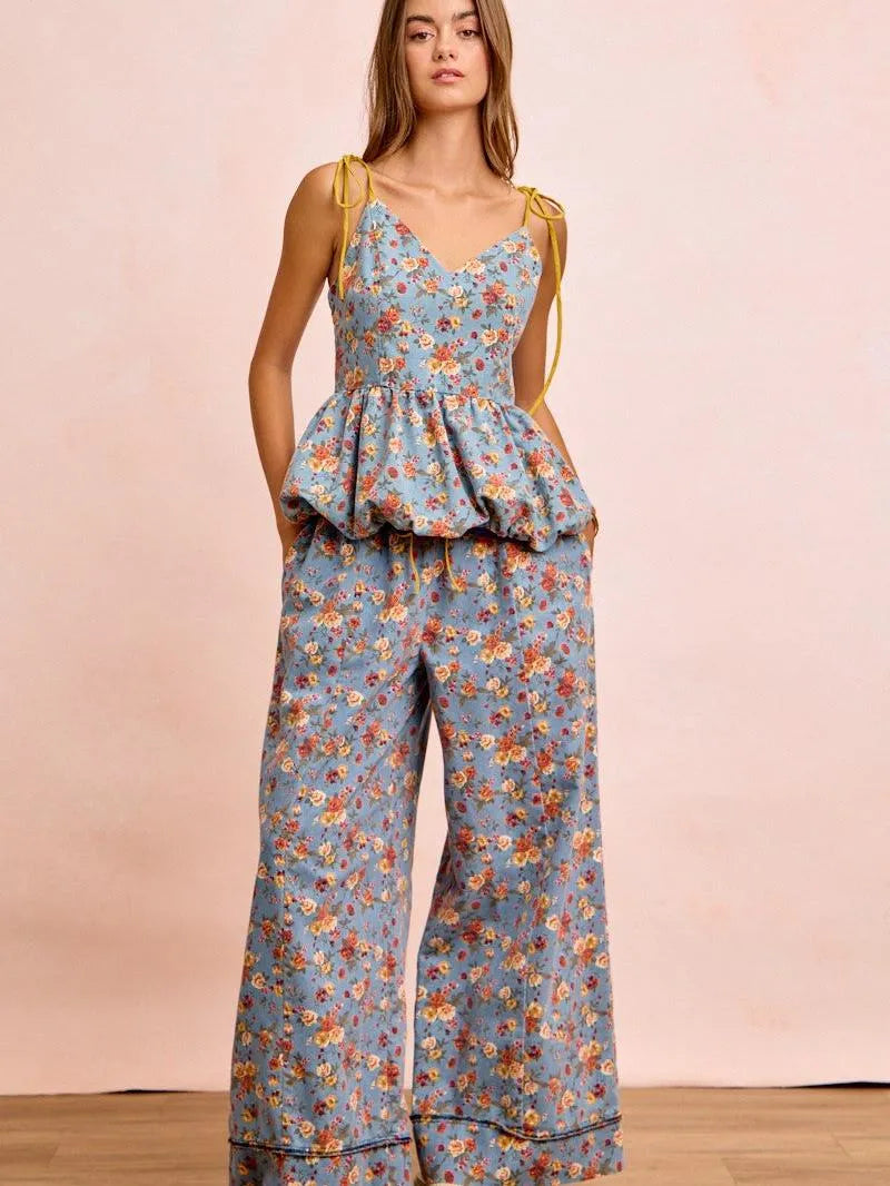 BiBi Indigo Florals Printed Drawstring Wide Denim Pants-Women's Jeans-Shop Z & Joxa