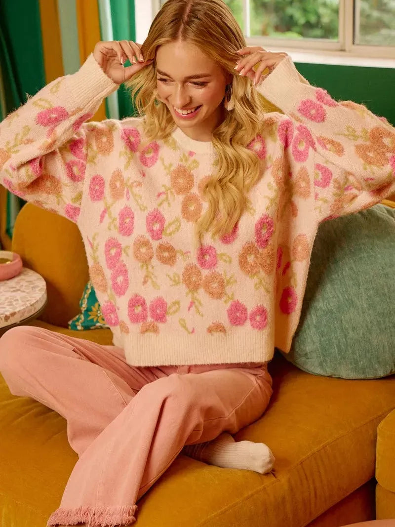 BiBi Ivory Blossom Towel Texture Floral Pattern Sweater-Women's Shirts & Tops-Shop Z & Joxa