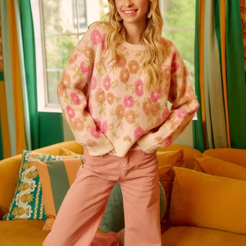 BiBi Ivory Blossom Towel Texture Floral Pattern Sweater-Women's Shirts & Tops-Shop Z & Joxa