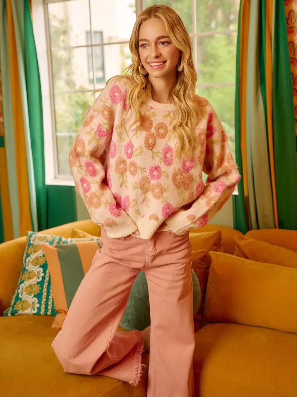 BiBi Ivory Blossom Towel Texture Floral Pattern Sweater-Women's Shirts & Tops-Shop Z & Joxa