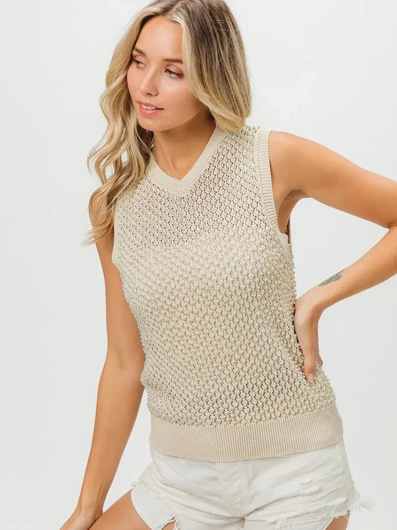 BiBi Knitted Pearl Sleeveless Pearl Knit Sweater Top-Women's Shirts & Tops-Shop Z & Joxa