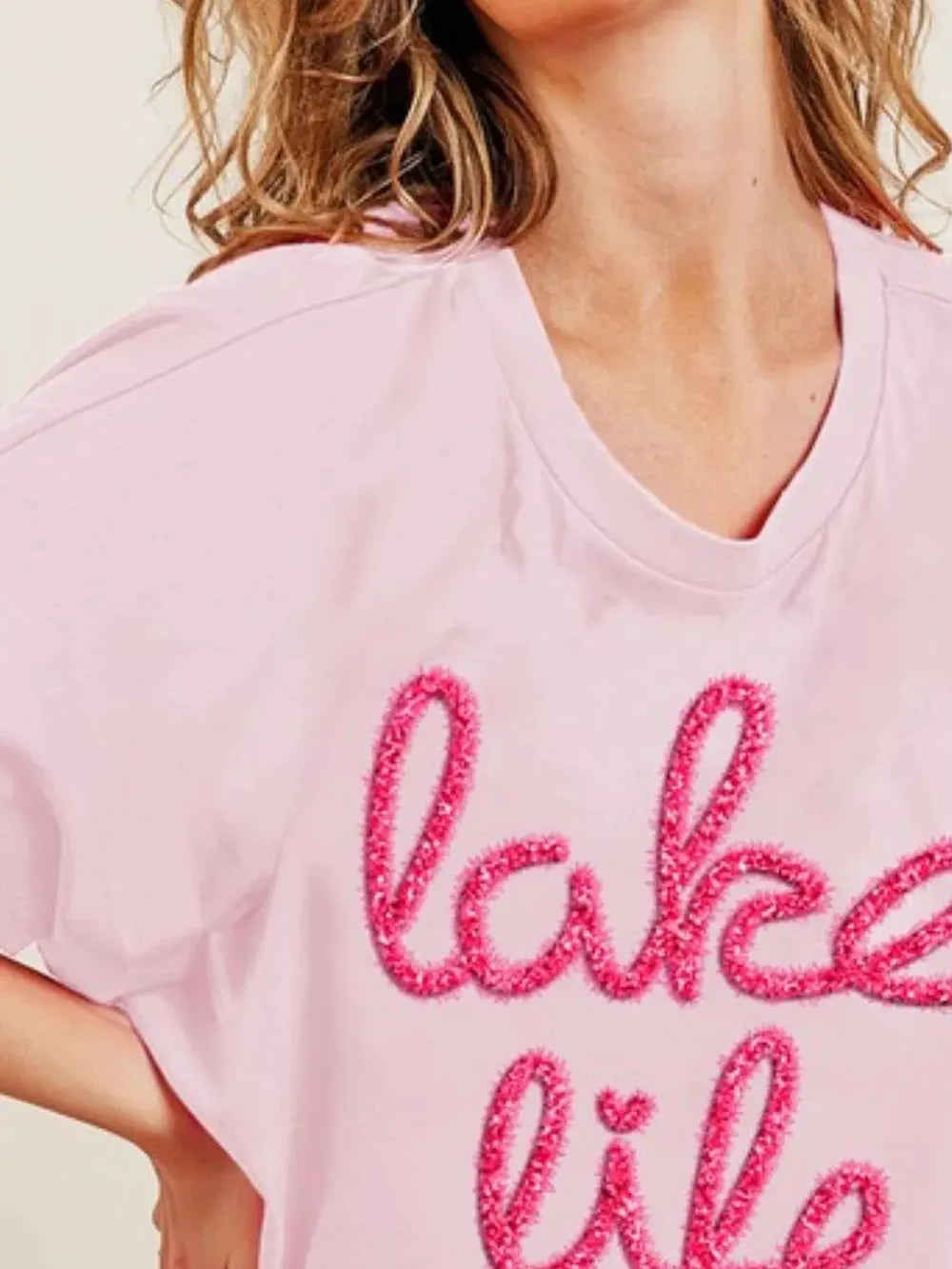 BiBi Lake Life Metallic Letter Short Dolman Sleeve Top - Blush-Women's Shirts & Tops-Shop Z & Joxa