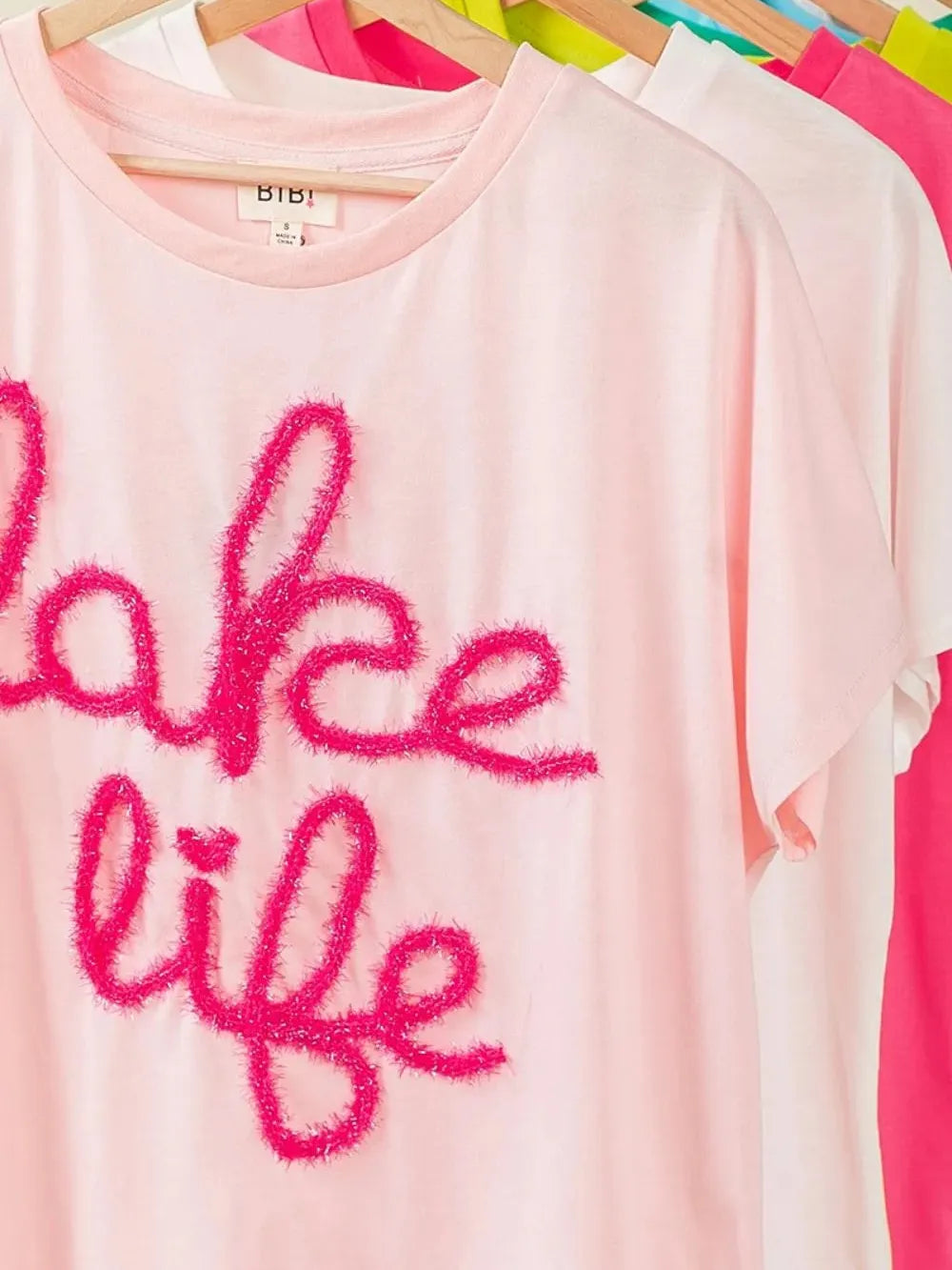 BiBi Lake Life Metallic Letter Short Dolman Sleeve Top - Blush-Women's Shirts & Tops-Shop Z & Joxa