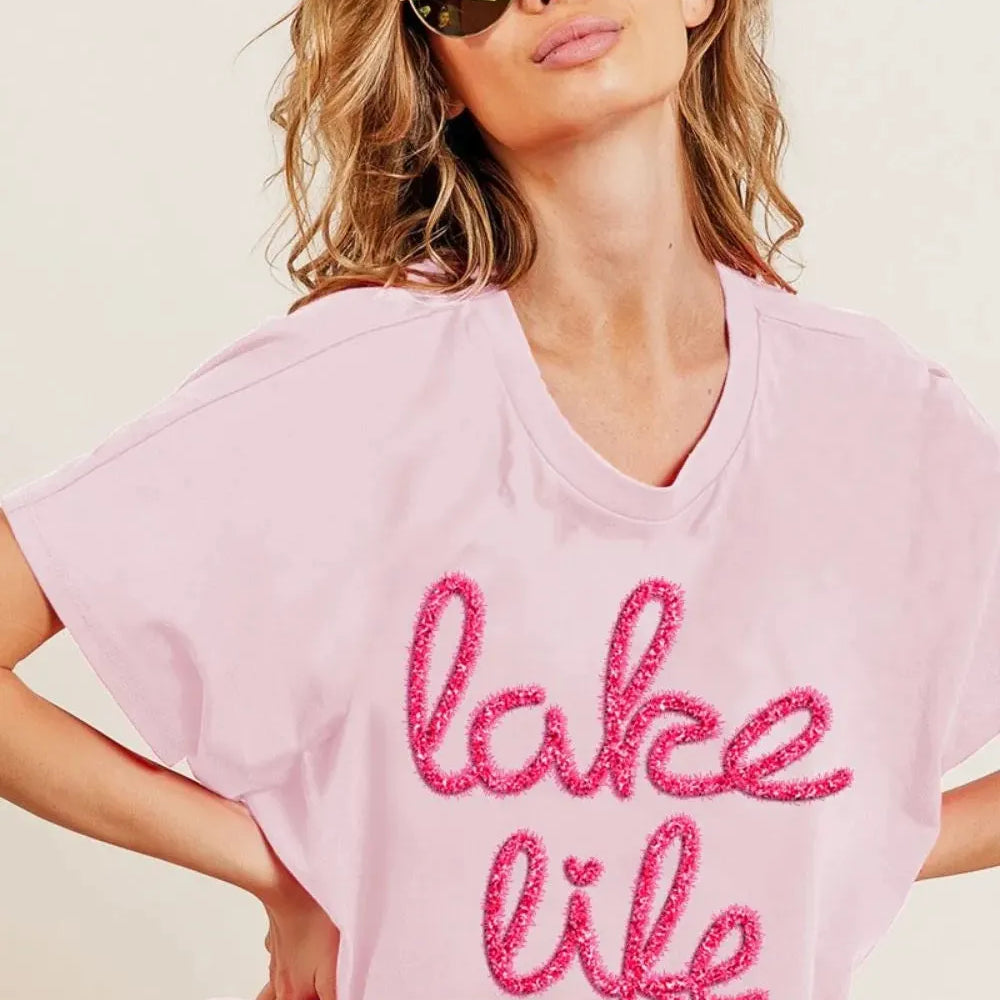 BiBi Lake Life Metallic Letter Short Dolman Sleeve Top - Blush-Women's Shirts & Tops-Shop Z & Joxa