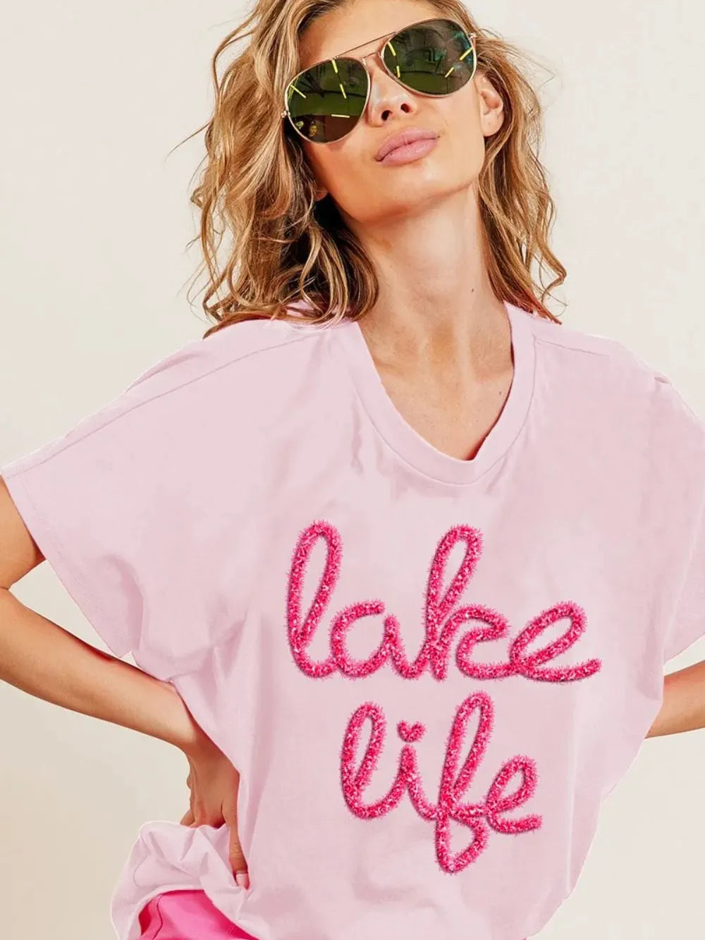 BiBi Lake Life Metallic Letter Short Dolman Sleeve Top - Blush-Women's Shirts & Tops-Shop Z & Joxa