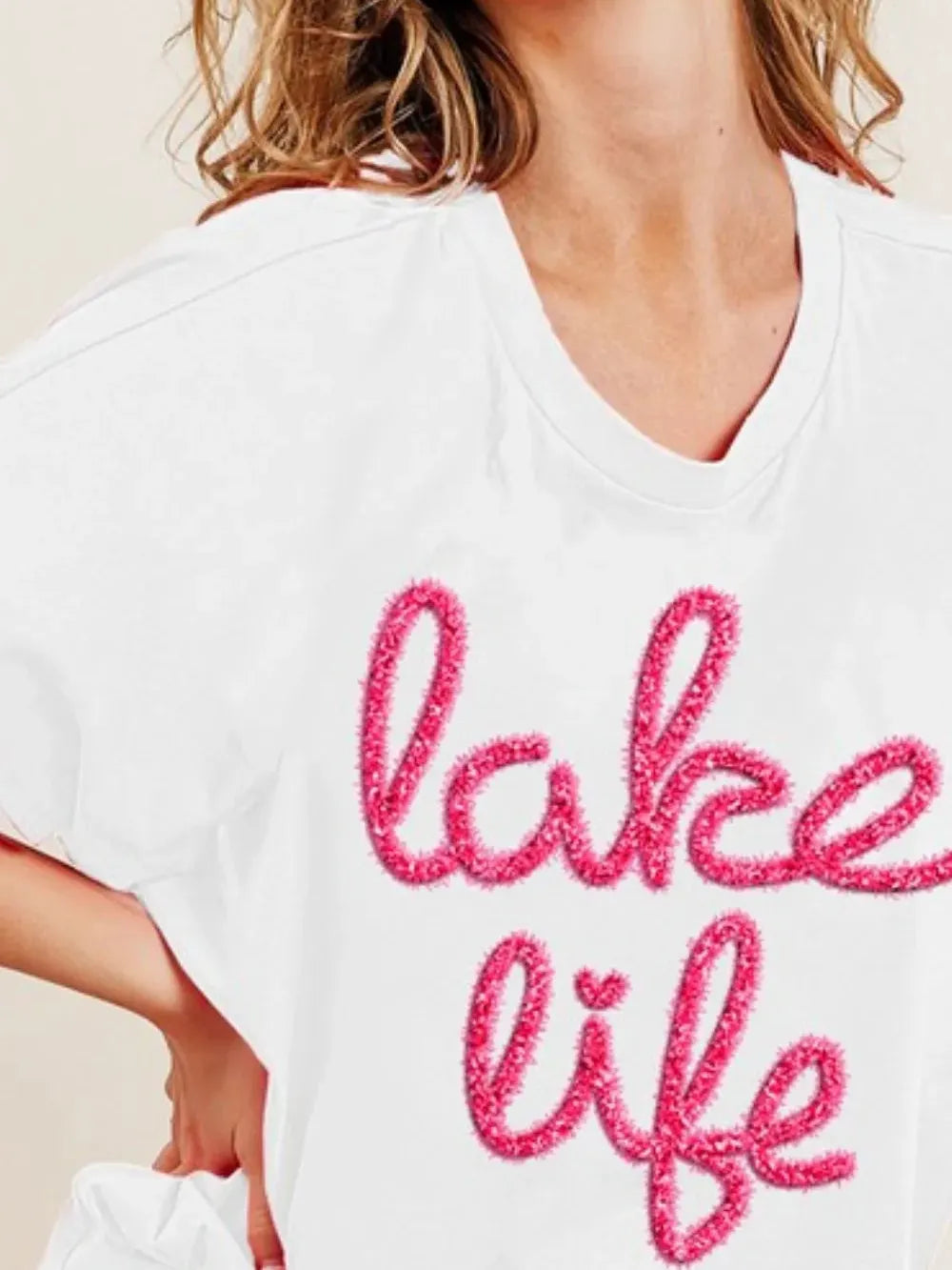 BiBi Lake Life Metallic Letter Short Dolman Sleeve Top - White-Women's Shirts & Tops-Shop Z & Joxa