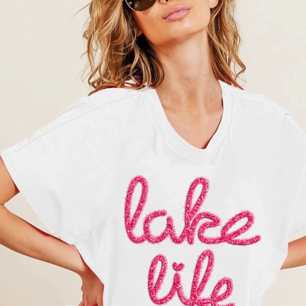 BiBi Lake Life Metallic Letter Short Dolman Sleeve Top - White-Women's Shirts & Tops-Shop Z & Joxa