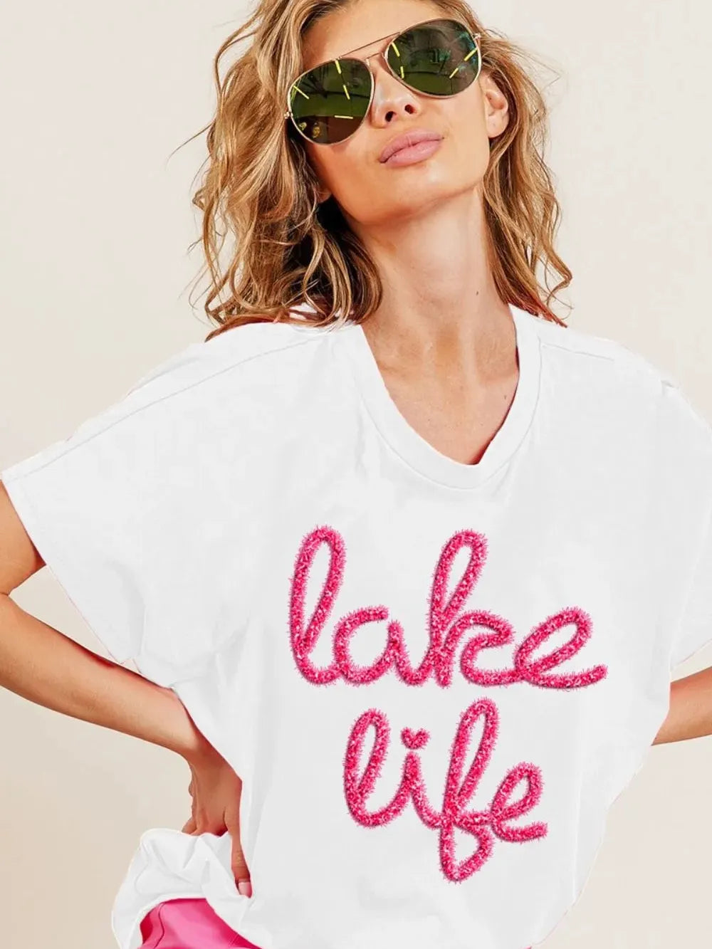 BiBi Lake Life Metallic Letter Short Dolman Sleeve Top - White-Women's Shirts & Tops-Shop Z & Joxa