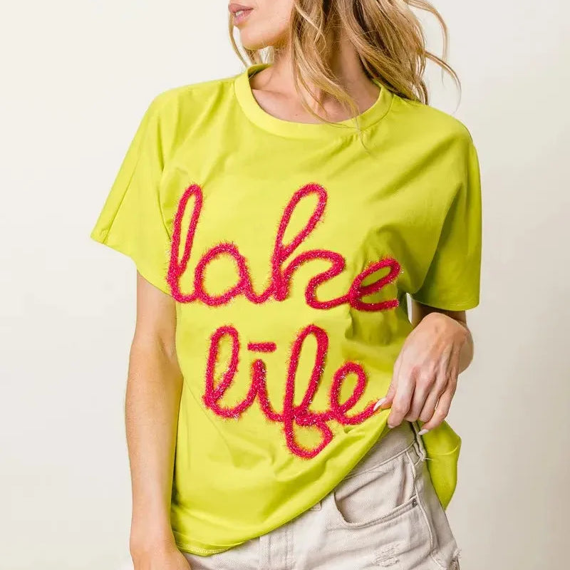 BiBi Lake Life Metallic Letter Short Dolman Sleeve Top - Yellow-Women's Shirts & Tops-Shop Z & Joxa