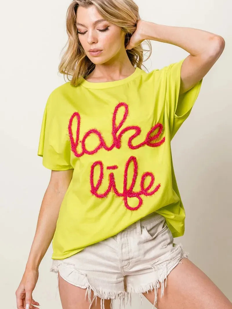 BiBi Lake Life Metallic Letter Short Dolman Sleeve Top - Yellow-Women's Shirts & Tops-Shop Z & Joxa