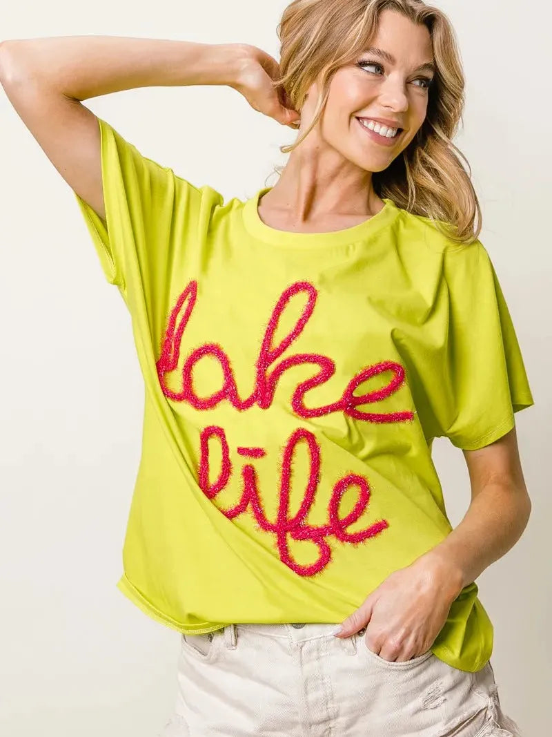 BiBi Lake Life Metallic Letter Short Dolman Sleeve Top - Yellow-Women's Shirts & Tops-Shop Z & Joxa