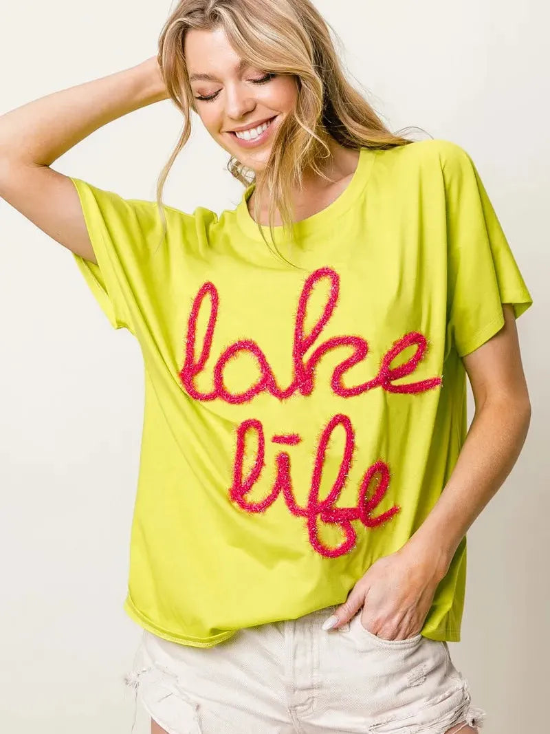 BiBi Lake Life Metallic Letter Short Dolman Sleeve Top - Yellow-Women's Shirts & Tops-Shop Z & Joxa
