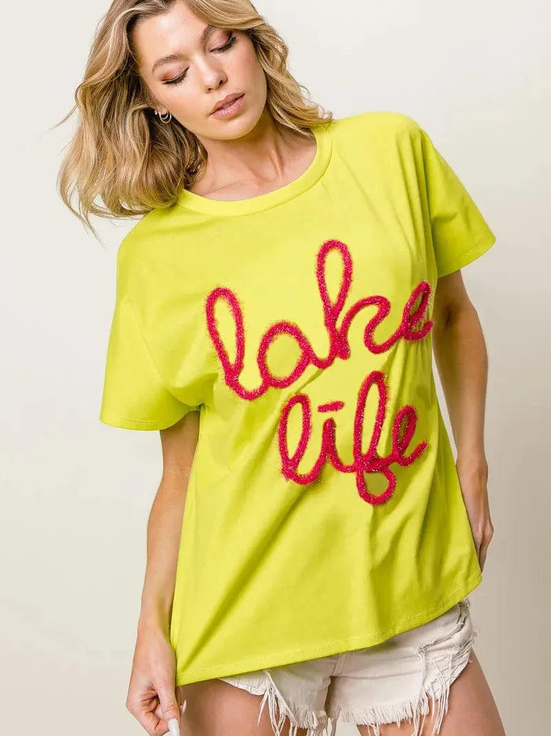 BiBi Lake Life Metallic Letter Short Dolman Sleeve Top - Yellow-Women's Shirts & Tops-Shop Z & Joxa