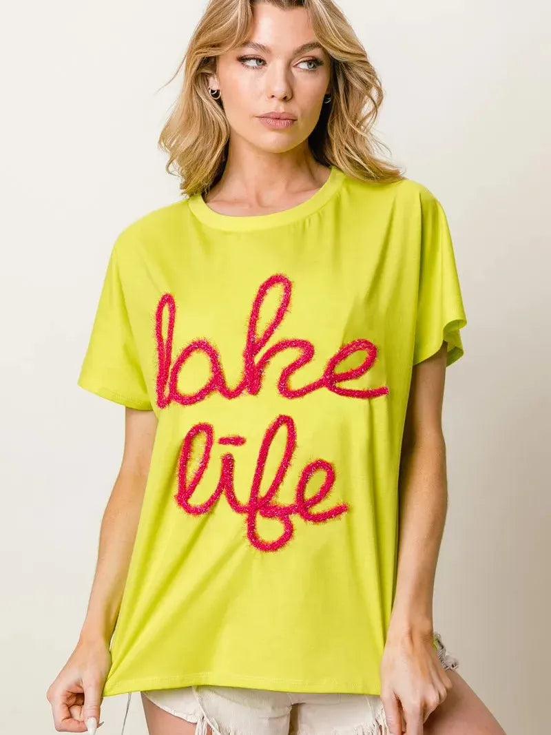 BiBi Lake Life Metallic Letter Short Dolman Sleeve Top - Yellow-Women's Shirts & Tops-Shop Z & Joxa