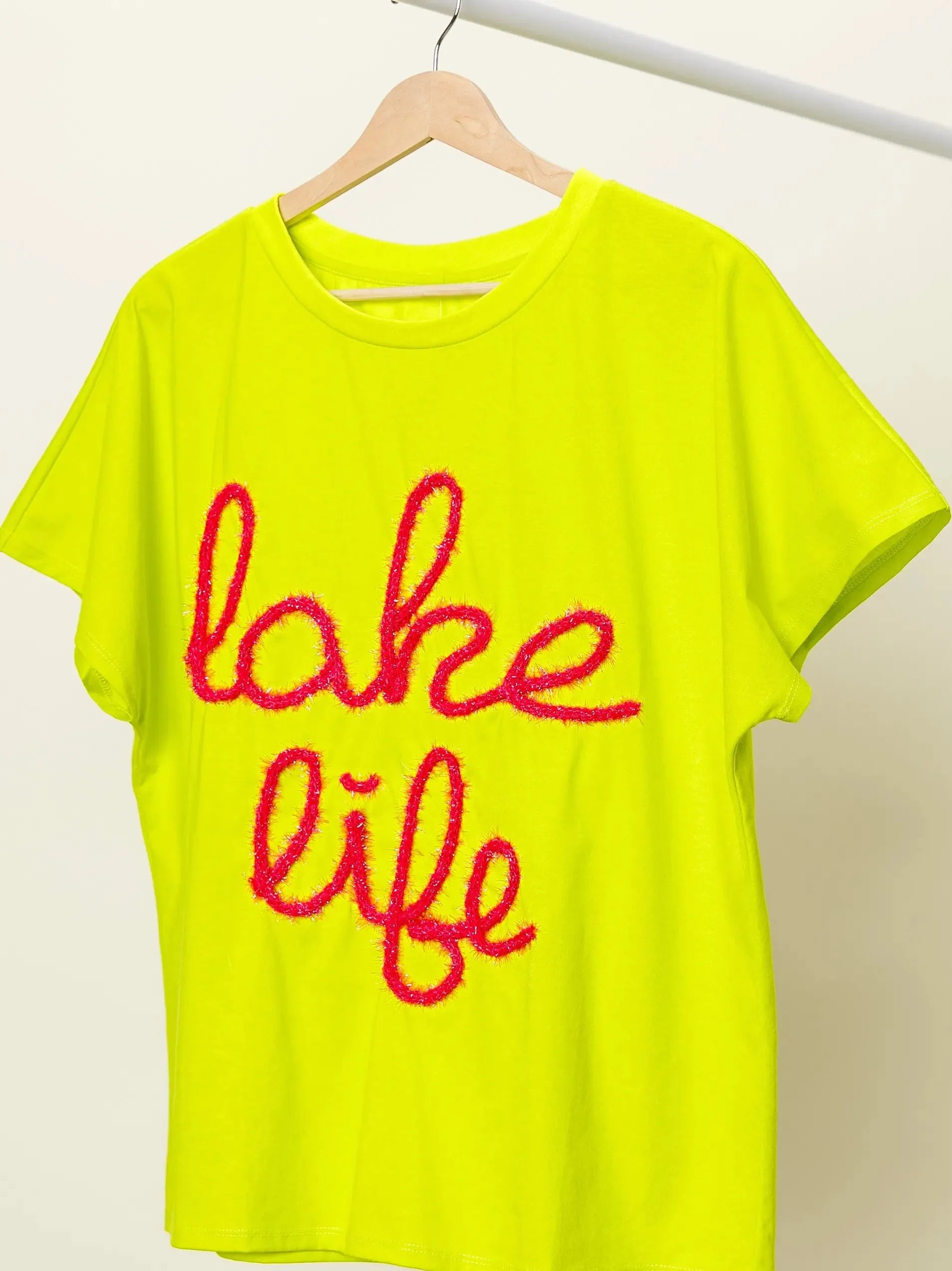 BiBi Lake Life Metallic Letter Short Dolman Sleeve Top - Yellow-Women's Shirts & Tops-Shop Z & Joxa
