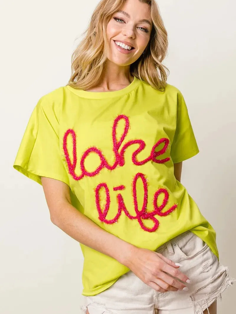 BiBi Lake Life Metallic Letter Short Dolman Sleeve Top - Yellow-Women's Shirts & Tops-Shop Z & Joxa