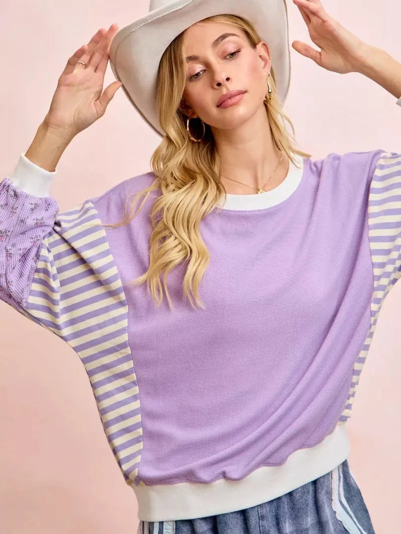 BiBi Lavender Lane Sweatshirt with Stripes and Florals-Women's Shirts & Tops-Shop Z & Joxa