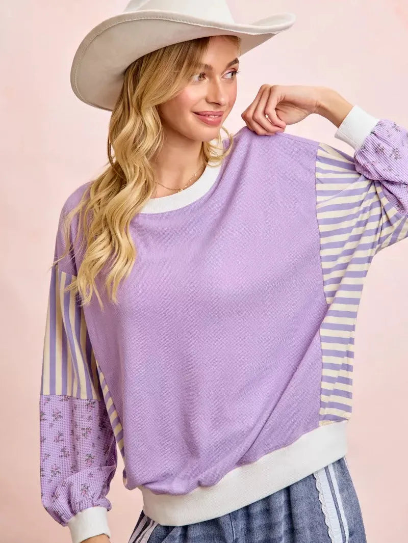 BiBi Lavender Lane Sweatshirt with Stripes and Florals-Women's Shirts & Tops-Shop Z & Joxa