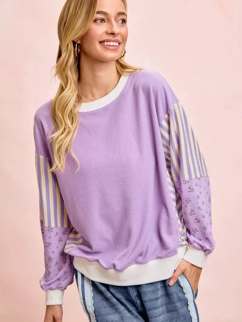 BiBi Lavender Lane Sweatshirt with Stripes and Florals-Women's Shirts & Tops-Shop Z & Joxa
