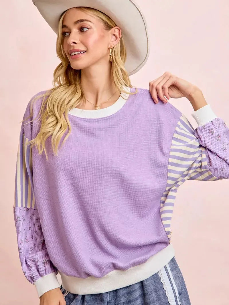 BiBi Lavender Lane Sweatshirt with Stripes and Florals-Women's Shirts & Tops-Shop Z & Joxa