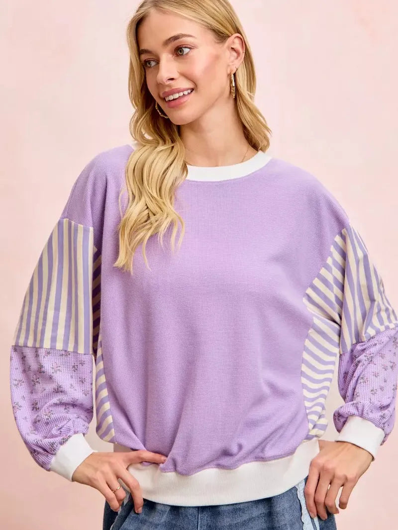 BiBi Lavender Lane Sweatshirt with Stripes and Florals-Women's Shirts & Tops-Shop Z & Joxa