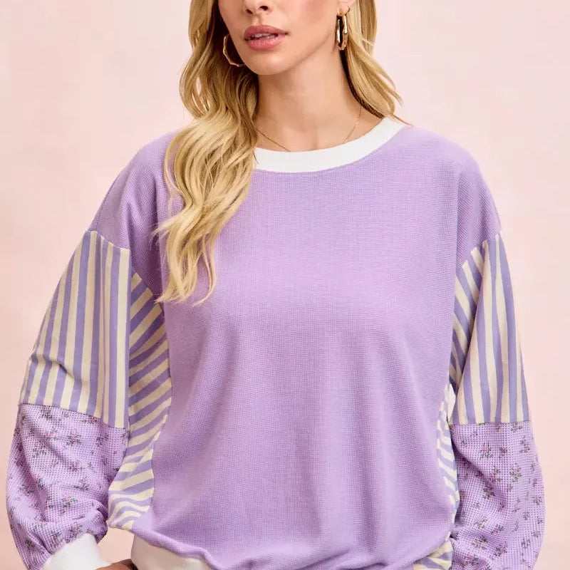 BiBi Lavender Lane Sweatshirt with Stripes and Florals-Women's Shirts & Tops-Shop Z & Joxa