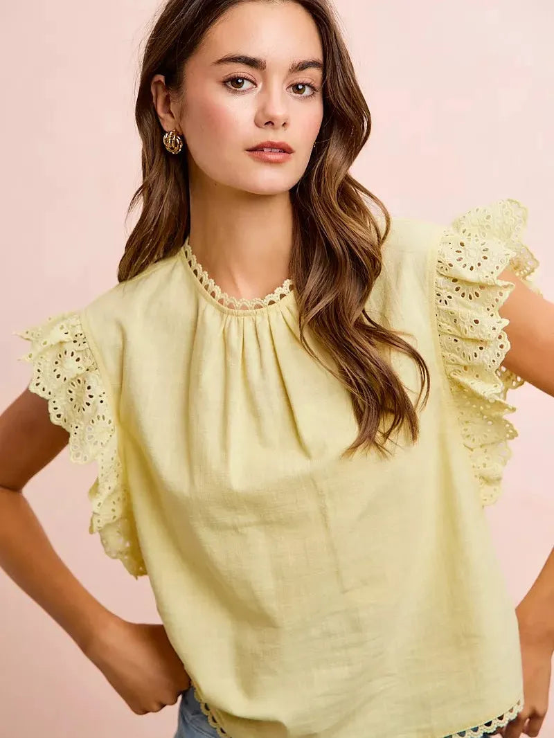 BiBi Lemon Lace Ruffle Sleeve Blouse-Women's Shirts & Tops-Shop Z & Joxa