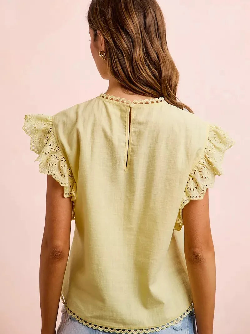BiBi Lemon Lace Ruffle Sleeve Blouse-Women's Shirts & Tops-Shop Z & Joxa