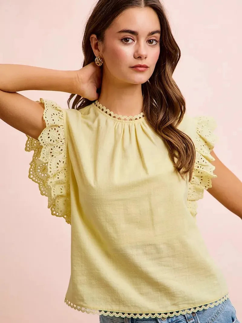 BiBi Lemon Lace Ruffle Sleeve Blouse-Women's Shirts & Tops-Shop Z & Joxa