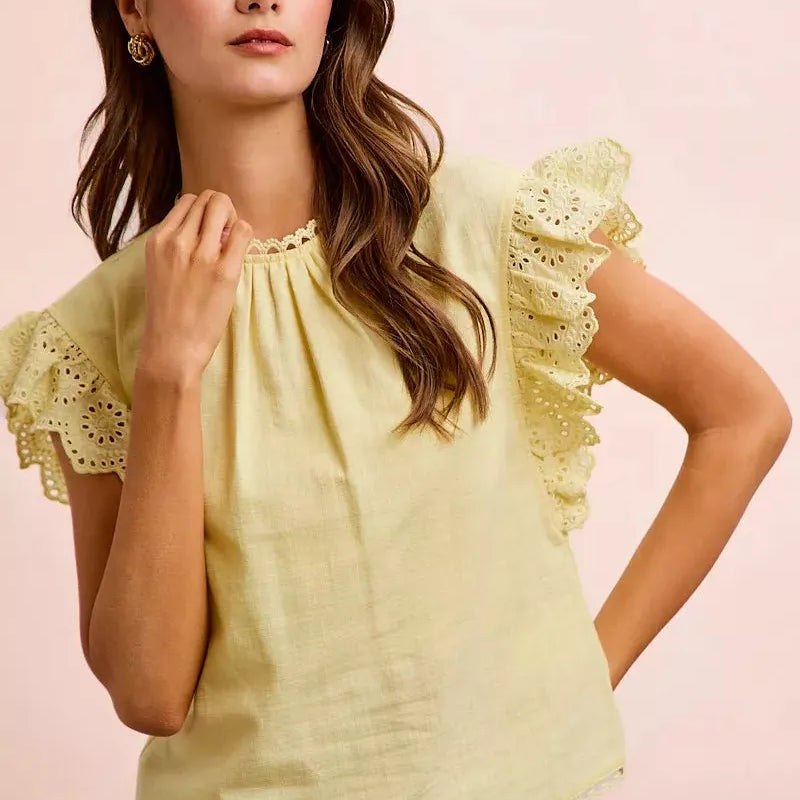 BiBi Lemon Lace Ruffle Sleeve Blouse-Women's Shirts & Tops-Shop Z & Joxa